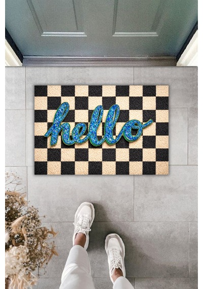 Rugmood Modern Dijital Baskı Paspas - Hello Yazılı Siyah Beyaz Kareli Şık Kapı Önü Paspası