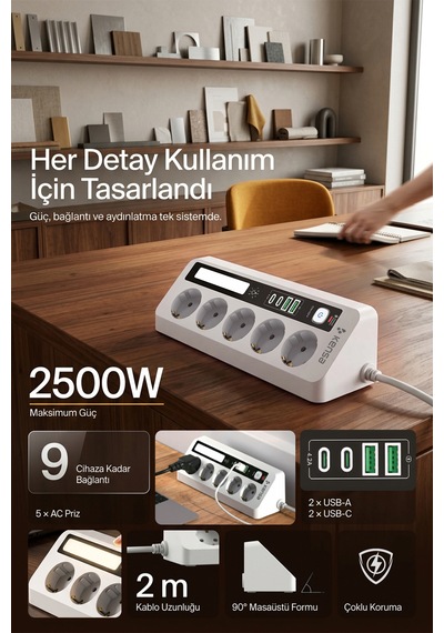 Akım Korumalı Dokunmatik Led Işıklı Priz 5'li + 2x Usb-a + 2x Usb-c 2 Metre Kablo 2 M