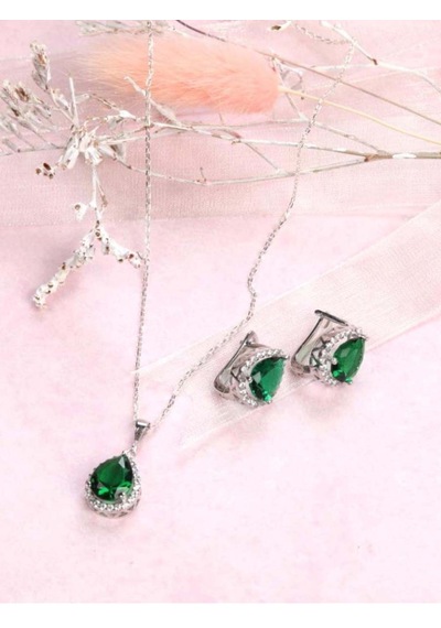Brezza Lusso Jewelry Damla Model Zümrüt Yeşili Zirkon Taşlı Gümüş Kadın Kolye Küpe Set