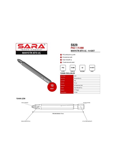 Sara S929 Ph2 75 Mm Manyetik Bits Uç 10 Lu