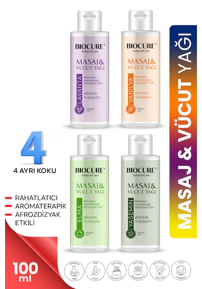 Biocure Elma + Lavanta + Vanilya + Yasmin Özlü Masaj ve Vücut Bakım Yağı 4 x 100 ML