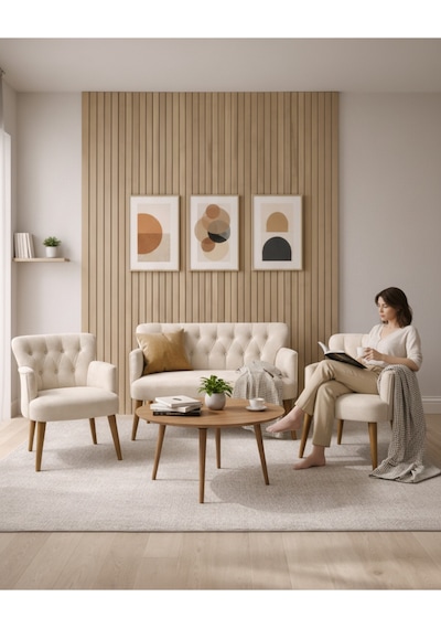 Babyface Kumaş Modern Çay Seti Koltuk Takımı 2+1+1 Ahşap Ceviz Ayak Krem Krem