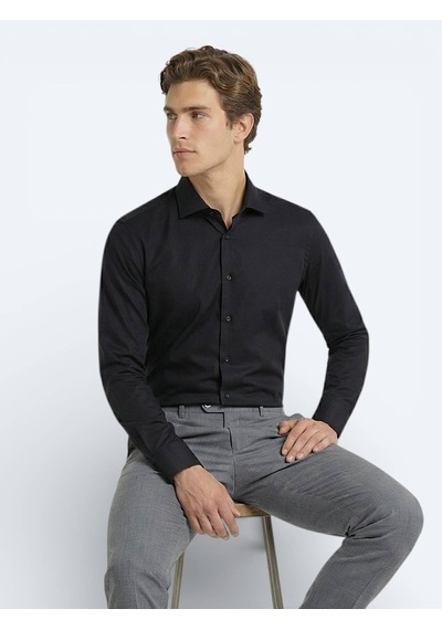 Kip Siyah Düz Slim Fit Uzun Dokuma Klasik %100 Pamuk Gömlek