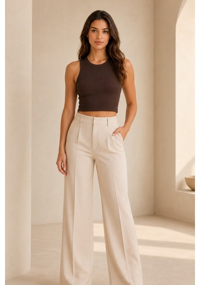 Loule Kadın 2'li Bisiklet Yaka Kolsuz Fitilli Crop Top Kahverengi-beyaz Çok Renkli