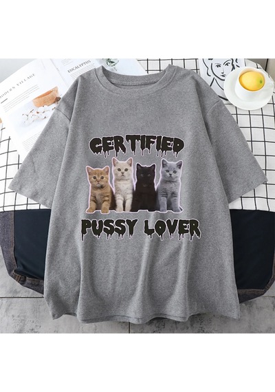 Flood Of Style Komik Sertifikalı Kedi Sevgilisi Meme Kedi Grafik T Shirt Unisex Moda Kawaii T-shirt Sokak Ra Gri