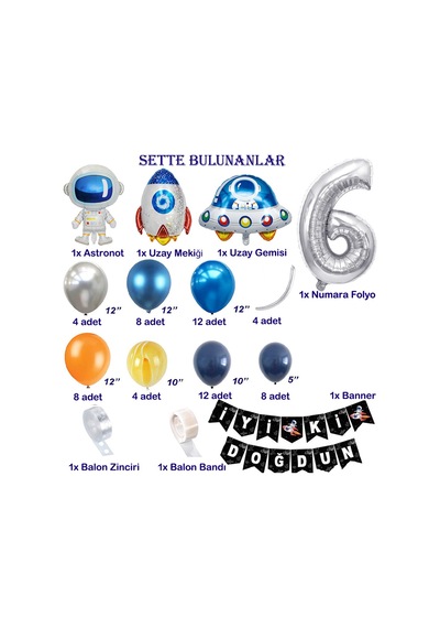 Uzay Temalı Doğum Günü Seti 6 Yaş ; 4 Adet Folyo Balon, 60 Adet Lateks Balon, Banner, Balon Zinciri ve Balon Bandı
