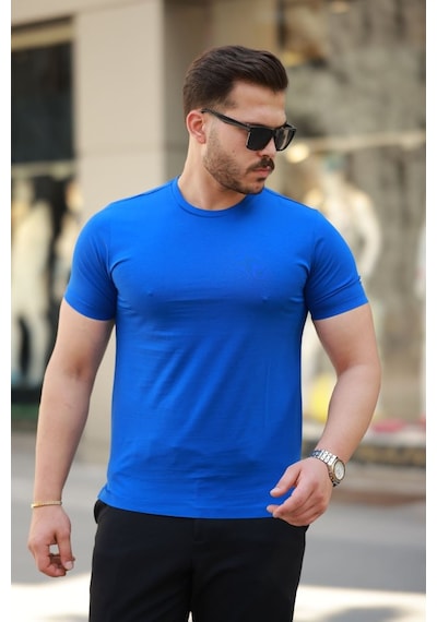 Erkek Bisiklet Yaka Basic Tişört Koyu Mavi