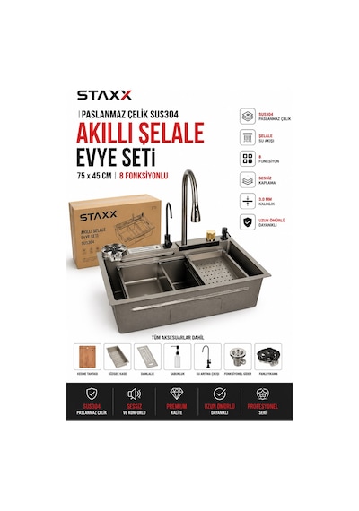 Staxx 2se7545 Sus304 Paslanmaz Çelik Akıllı Mutfak Evyesi 75x45 Cm 8 Fonksiyonlu Ankastre Evye Set Antrasit Gri