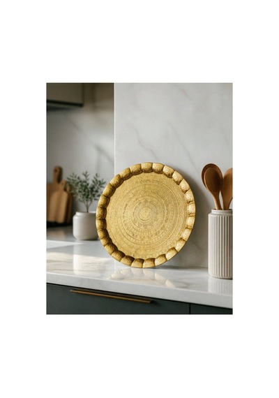 Gold Renk Motifli Sac Metal Yuvarlak Lüks Servis-tepsisi 35 Cm Sarı