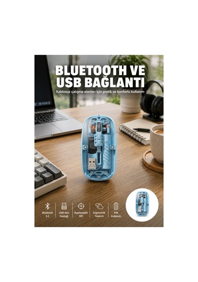 Bluetooth 5.2 Destekli Mavi Pilli Kablosuz Mouse Yeni Nesil - Hs08378925-4599 Renkli Diğer