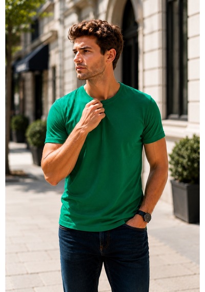 Luxıc Core Erkek Slim Fit Yeşil Bisiklet Yaka Pamuk Penye Günlük Rahat Basic Tişört