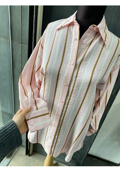 Pera Moda Oversize Çizgili Uzun Kadın Gömleği Pembe
