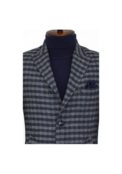 Wessi Kaşe Kareli Geniş Yaka Slim Fit Lacivert Erkek Palto 001