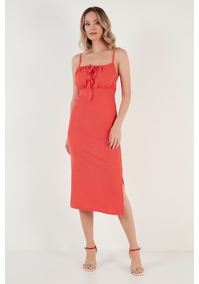 Lela Önü Büzgülü Ip Askılı Yırtmaçlı Fitted Midi Bayan Elbise 5865362 Nar Çiçeği
