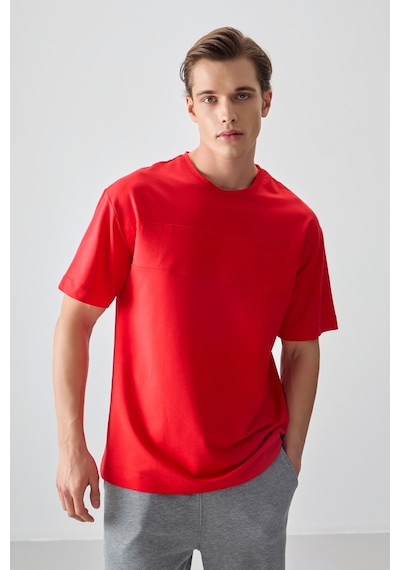 Air Jones Tommy Life Fiesta Pamuklu Kalın Yumuşak Dokulu Oversize Fit Basic Erkek T-shirt - 88378 Kirmizi