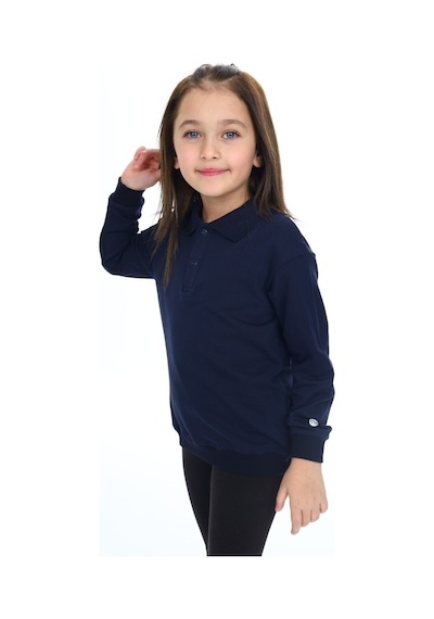 Kız Çocuk Regular Fit Polo Yaka Düşük Omuz Nakış Baskılı Sweatshirt - 2 İplik Lacivert