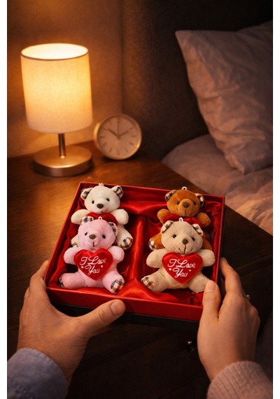Sevgililer Günü Hediye Kutusu 4 Adet I Love You Temalı Peluş Ayıcıklı Romantik Hediye Seti Kutusu Ayı