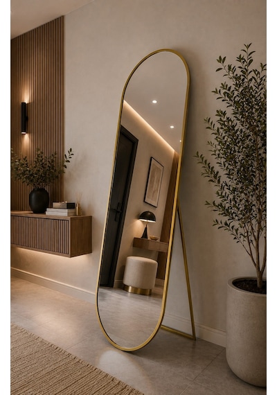 Effe Gold Metal Çerçeveli 180x60 Cm Elips Model Ayaklı Boy Aynası