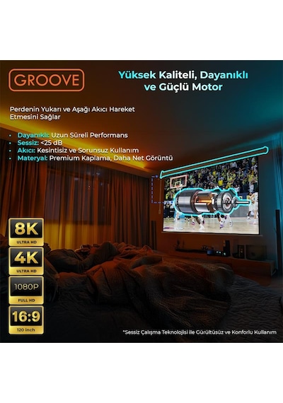 Groove Vizio Pro 120 Inch Blackout Işık Geçirmez Elektrikli Otomatik Kumandalı Projeksiyon Perdesi 265x150cm +motorlu+canlı Renkler+göz Koruması+leke Tutmaz Projector