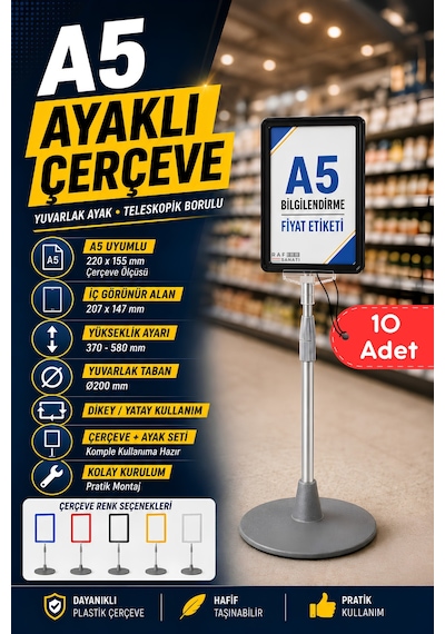10 Adet - A5 Ayaklı Menü Ve Fiyat Bilgi Standı Yuvarlak Tabanlı Teleskopik Çerçeve Etiketlik Siyah