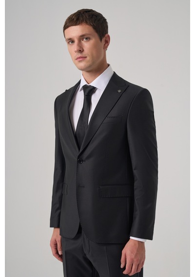 Morven Erkek Siyah Yünlü Trend Düz Slim Fit Sivri Yaka Takım Elbise 26mc001046001 Siyah