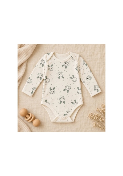 Cantaz Unisex Bebek Tavşan Desenli Uzun Kollu Çıtçıtlı Body Zıbın Krem