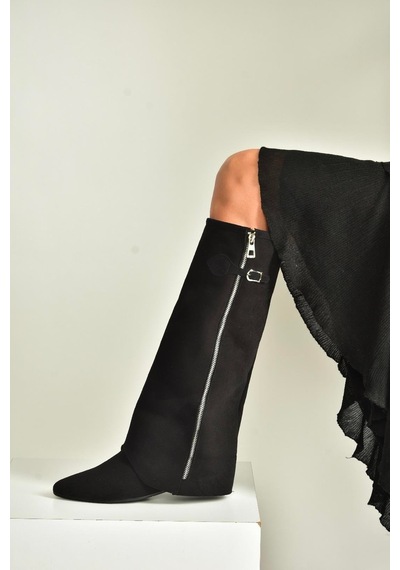 Fox Shoes V380526402 Siyah Süet Düz Taban Fermuar Detaylı Kadın Çizme Siyah