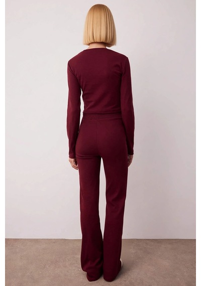 Benerly Kadın Alt Üst Düz Renk Fit Kesim Uzun Kollu Crop Üst Rahat Kalıp bordo