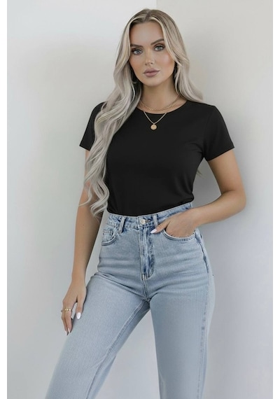 Hashtag Kadın Bisiklet Yaka Kısa Kollu Body Basic Tişört Viskon Kumaş Siyah