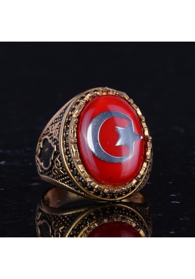 925 Ayar Gümüş Altın Kaplama Erkek Yüzük - Hilal Ve Yıldız Tasarımı Kırmızı Gümüş