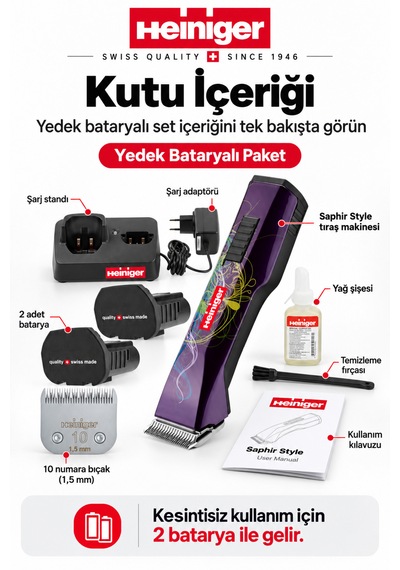 Heiniger Saphir Style Mor Kablosuz Kedi Köpek Tıraş Makinesi - Yedek Bataryalı