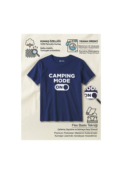 North Whiskers Camping Mode On Baskılı %100 Pamuklu Unisex Lacivert Kamp Tişörtü Lacivert - 875041596 Lacivert - 875041596 Lacivert