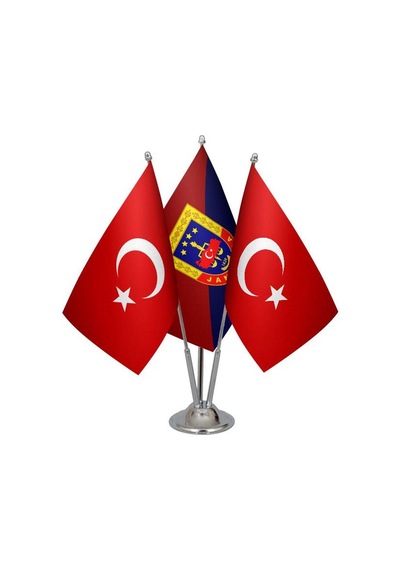 Masa Üstü Jandarma Bayrağı Türk Bayrağı Üçlü Krom Direk Masa Bayr