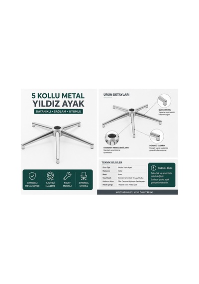 5 Kollu Metal Yıldız Ayak Krom Ofis Koltuğu Ayağı Evrensel Uyumlu Metalik