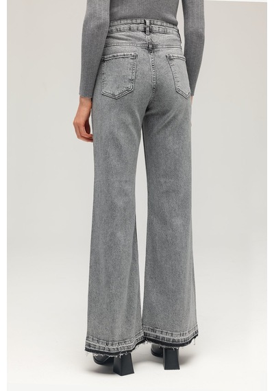 Sââde Kadın Yüksek Bel Wide Leg Jean Pantolon - Paça Detaylı Gri