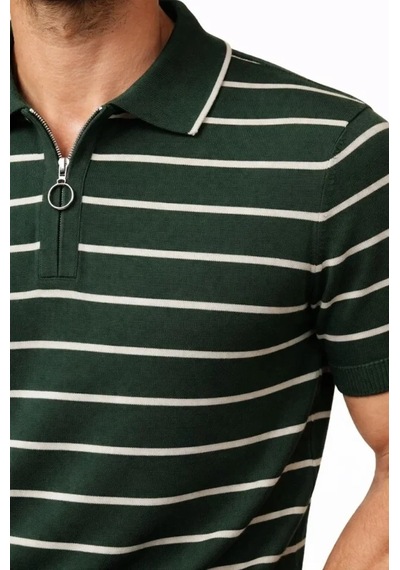 Vexor Erkek Triko Polo Yaka Fermuarlı Çizgili Tişört T-shirt Yazlık Şık - Yeşil