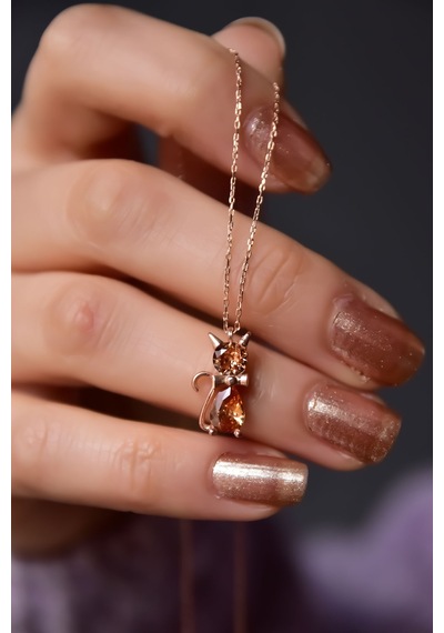 Papatya Silver 925 Ayar Gümüş Rose Kaplama Kasım Ayı Doğum Taşlı Kedi Kolye