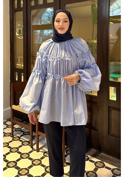 Unika Boutique Mini Çiçekli Kadın Tesetettür Gömlek Mavi