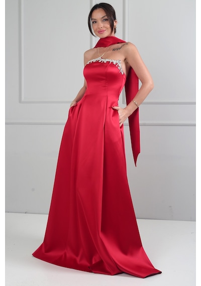 By Saygı Kadın Straplez Taşlı Astarlı Cepli Uzun Saten Elbise Kırmızı