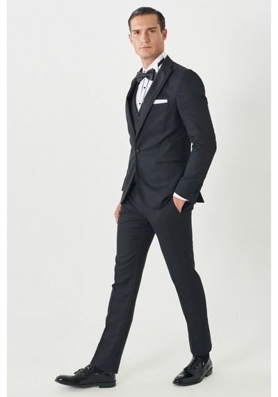 Ac&Co / Altınyıldız Classics Slim Fit Dar Kesim Kırlangıç Yaka Desenli Yelekli Smokin Takım Lacivert