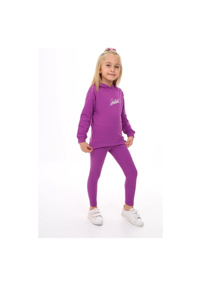 Toontoy Kids Toontoy Kız Çocuk 2'li Takım Baskılı Bisiklet Yaka Düşük Omuz Cepli Sweatshirt & Basic Düz Tayt Mor