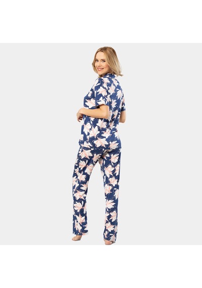 Türen Yaprak Desenli Kısa Kollu Gömlek Yaka Pijama Takımı 3355/lacivert 001