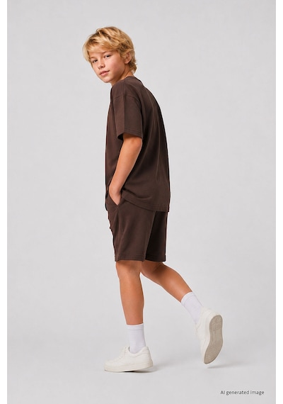 TOMMYLIFE Kahverengi Oversize Fit Basic Erkek Çocuk Şort Takım - 11335 Kahve