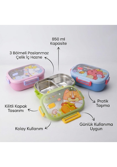 Paslanmaz Çelik 2 Bölmeli Kilitli Yemek Kabı, 850 Ml Renkli Desenli Lunch Box, Çelik İç Hazneli Saklama Ve Taşıma Kabı Çok Renkli