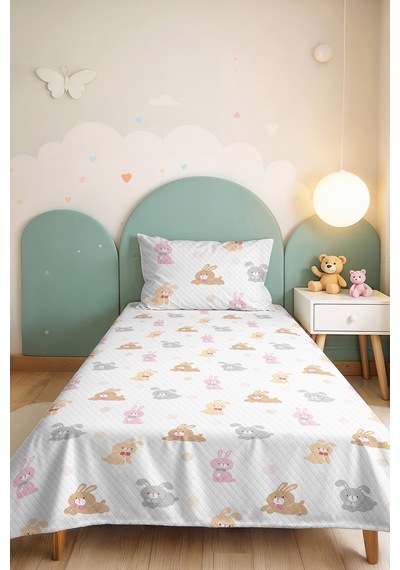 Evimde Bambaşka Pastel Tavşan Kız Çocuk Pike Takımı - Sevimli Gri Pudra Bebek Odası Yazlık Yatak Örtüsü - 160x220  CM