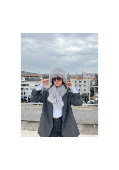 Mollycrush Kadın Suni Kürk Şapka Ve Atkı Seti Yumuşak Dokulu, Soğuk Havalar İçin Lüks & Şık Görünüm Gri