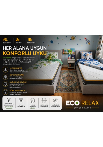 Eco Relax 10 Cm Sünger Yatak Yer Yatağı, Misafir Yatağı Ve Ranza Uyumlu Fermuarlı Yıkanabilir Kılıf 24 Dns Orta Sert Sünger Tek Kişilik