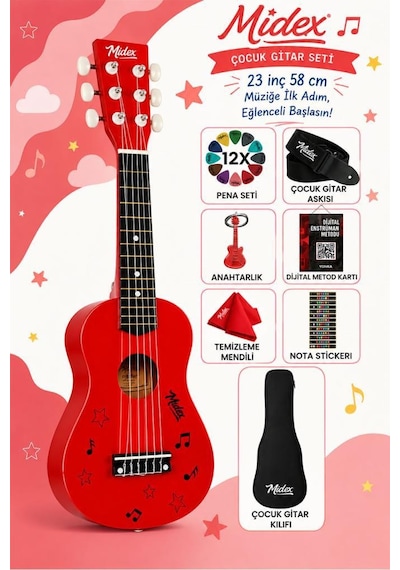 Midex Cg-230rd Çocuk Klasik Gitar Seti 3-8 Yaş 23 İnç 58 Cm Kırmızı Çocuk Gitarı Seti