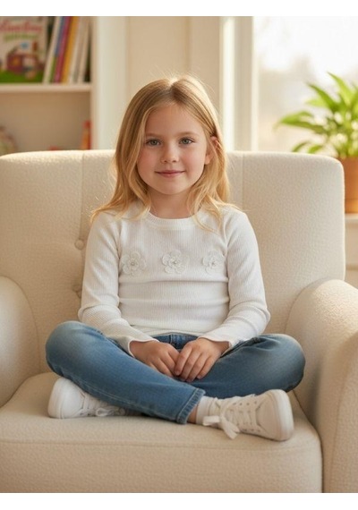Zekids Kız Çocuk Çiçek Desenli Fitilli Uzun Kollu T-shirt-16385 Ekru
