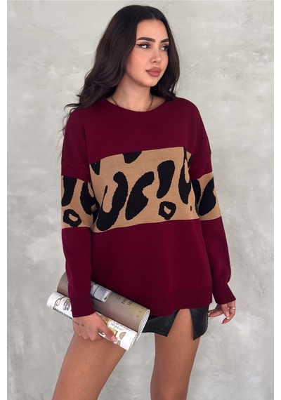 Femelle Kadın Bordo Standart Beden Leopar Desen Oversize Triko Kazak